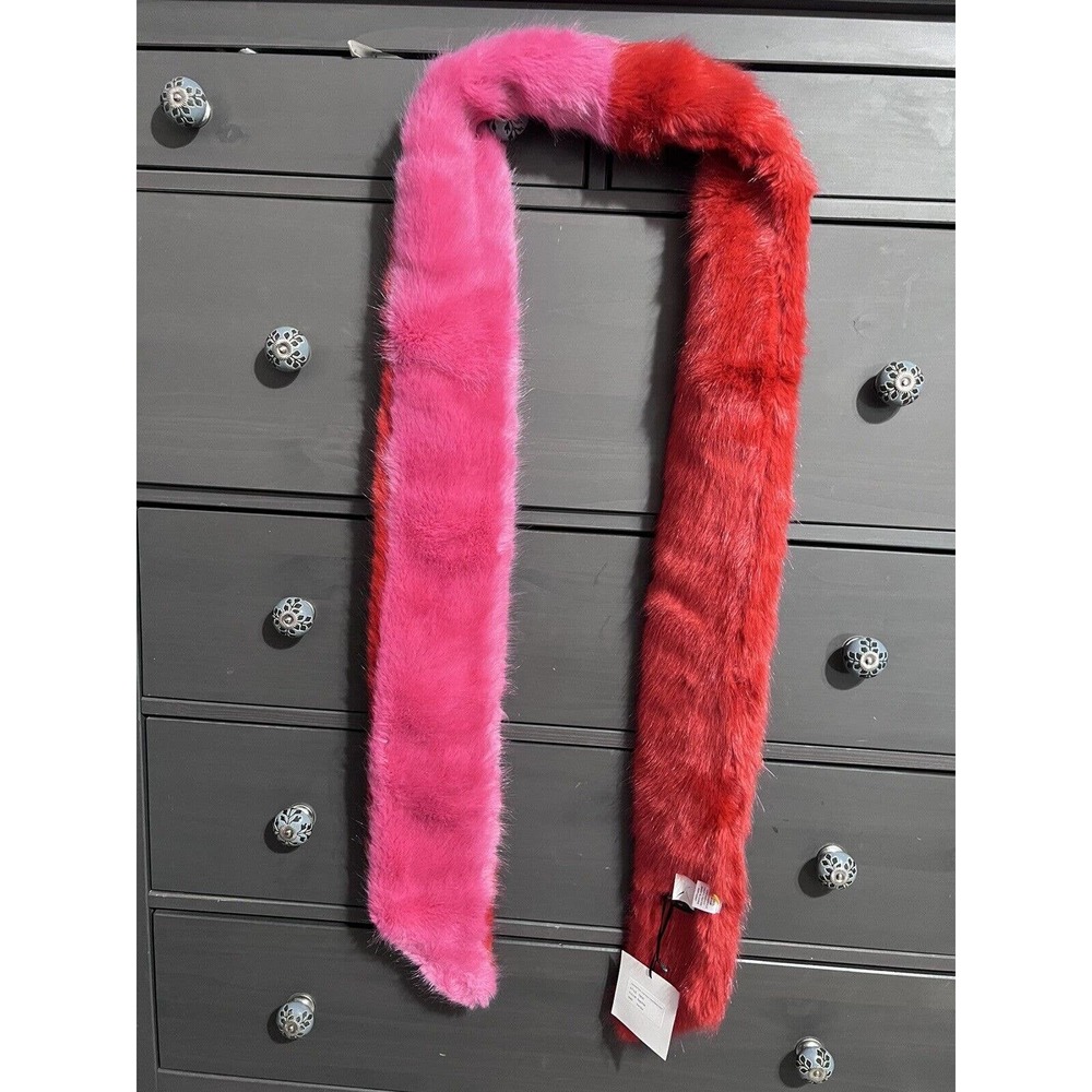 $100 Heurueh Women's pink/red color block long Faux Fur Furry Warm Scarf